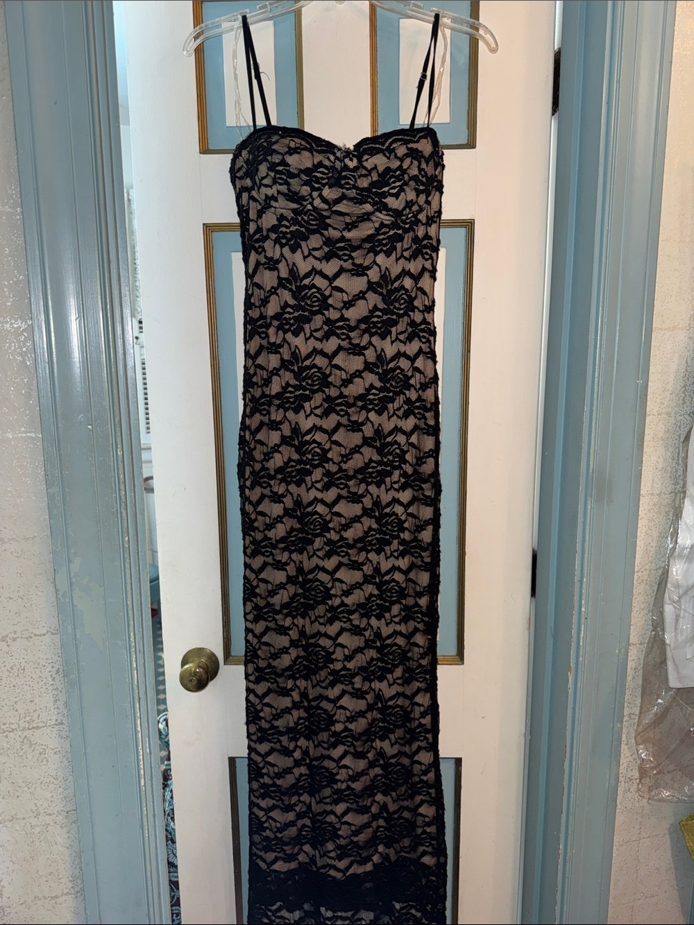 Stunning sexy maxi gown Black Lace Overlay Dress with Nude Lining heart